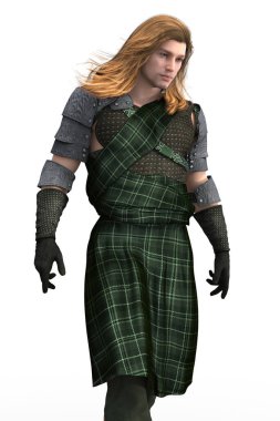 Beyaz arka planda izole edilmiş İskoç eteği giyen yakışıklı bir adam. Daha yumuşak bir stile bürünmüş kitap kapağı sanat ve tasarım çalışmaları için özel olarak uygun. Dizilerden biri..