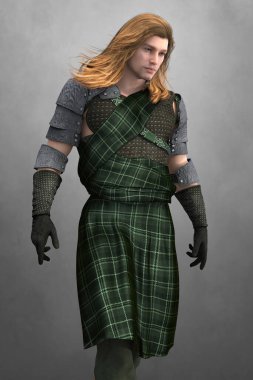 Gri bir arka plana İskoç eteği giyen yakışıklı bir adam. Daha yumuşak bir stile bürünmüş kitap kapağı sanat ve tasarım çalışmaları için özel olarak uygun. Dizilerden biri..