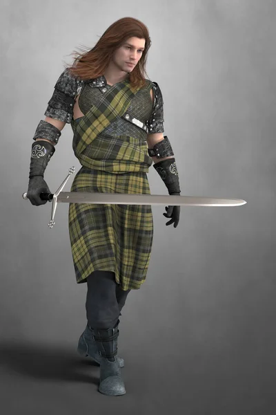 Homem Romântico Dos Highlander Andar Com Uma Espada Claymore Renderizado — Fotografia de Stock