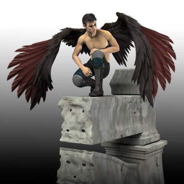 Yakışıklı CGI kaslı üstsüz, siyah kanatlı kara melek uçurumun kenarında duruyor ya da terk edilmiş bina aşağı bakıyor. Kitap kapağı ve illüstrasyon sanatı ve tasarım çalışmaları için ideal resim.
