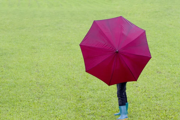 Little boy holding umbrella. Green grass background. Outdoor. Back view — Stock Photo, Image