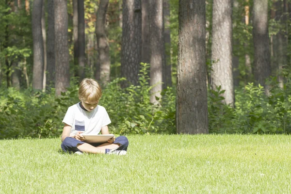 The boy with the tablet PC sitting on the grass in park. Technology, lifestyle, education, people concept