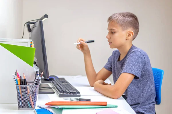 オンライン学習、遠隔教育。十代の男の子とともにコンピュータで座って本とビデオ通話、仮想オンラインレッスン、家庭で宿題を作る — ストック写真
