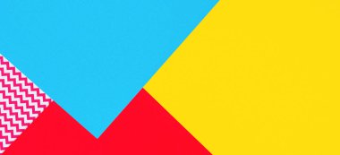 Soyut geometrik moda kağıtları arka plan sarı, açık pembe, mavi renklerde. Üst manzara, düz uzanma