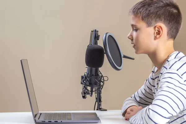 Ragazzo con un computer portatile che parla al microfono. Teologia, apprendimento online, istruzione a distanza, apprendimento a distanza a casa — Foto Stock