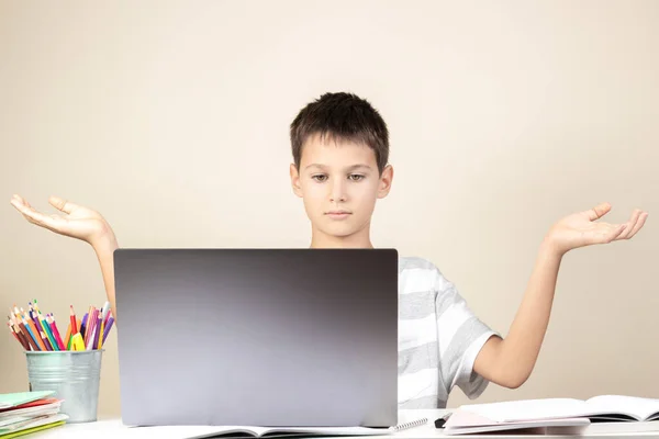 Criança com computador portátil com problema de aprendizagem, não entendo tarefa, preso com dever de casa duro, não passar no exame — Fotografia de Stock