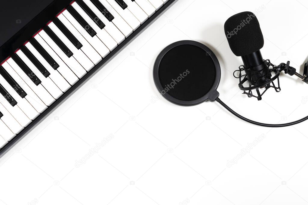 Music background with piano and microphone on grunge paper texture
