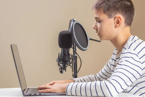 Um miúdo com computador portátil a falar em microfone. Tecnologia, aprendizagem online, educação remota — Fotografia de Stock