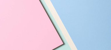 Soyut renkli kağıt dokusu arkaplanı. Minimum geometrik şekiller ve çizgiler açık mavi, pastel pembe, sarı, yeşil renkler