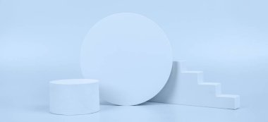 Açık mavi arkaplanda soyut, boş, bej renkli, geometrik şekilli podyum platformu. En az farklı şekiller sahne sahne vitrini ürün tanıtımı sunumu için.