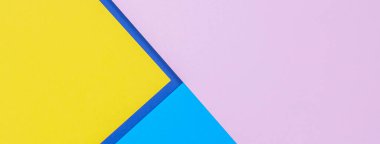 Yaratıcı soyut mavi, pembe ve sarı renkli geometrik kağıt kompoziton arkaplan, üst görünüm