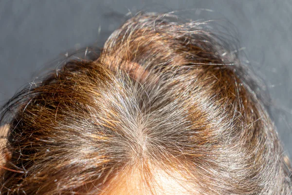 Primer plano de la mujer caucásica de mediana edad con cabello marrón oscuro y raíces de pelo gris regenerado —  Fotos de Stock