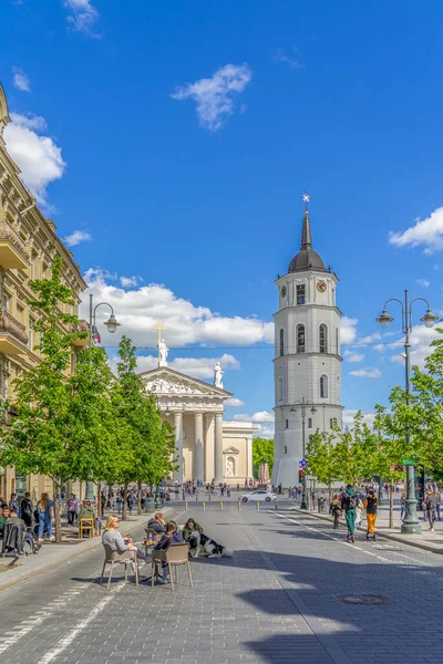 Vilnius, Litvanya - 30 Mayıs 2021: View to main Vilnius city street - Gedimino Bulvarı, Vilnius Katedrali ve çan kulesi — Stok fotoğraf