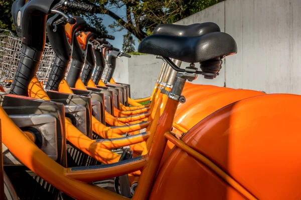 Narancssárga biciklik sorakoztak fel a járdán a városban. Kerékpáros városi közlekedés. A kerekek részletei a kerékpármegosztási ponton. Modern ökológiai közlekedés — Stock Fotó