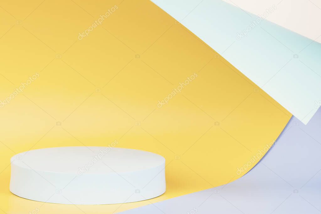 Abstract geometric background with empty round shape podium platform. light blue, yellow, green colors. Front view
