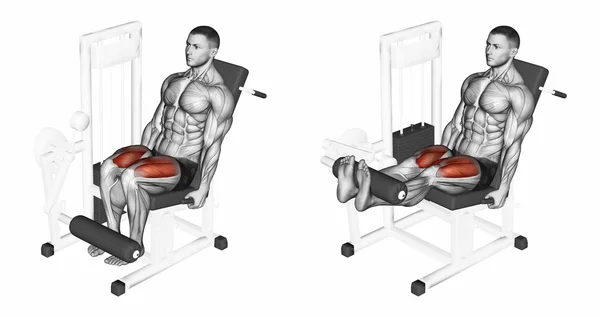 Leg extension in the simulator on quadriceps — Stock Photo, Image