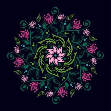 Yuvarlak model parlak çiçek ve yaprakları koyu arka plan üzerinde.