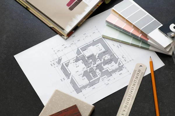 architectural plan of the house, selection of materials for design, color palette, material samples