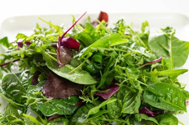 Salata karışımı taze otlar, roka, pazı, beyaz arka planda ıspanak, yakın plan.