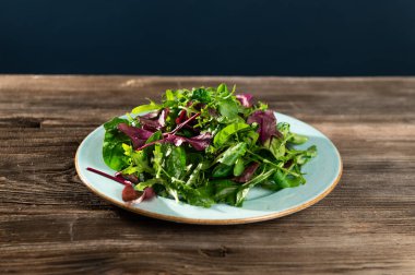 Taze otların salata karışımı, roka, İsviçre pazısı, tarenle 'de ıspanak, ahşap arka planda, üst tarafta manzara.