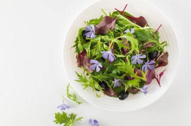Bebek ıspanağıyla salatayı karıştır, mizuna salatası, boğa kanı filizi, beyaz arka planda yenilebilir çiçekler ve zeytinler, üst manzara, yazı için yer