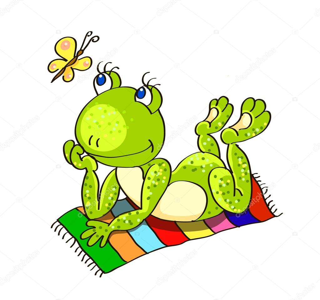 Sfondo incolore con una rana verde si trova sulla spiaggia Illustrazione vettoriale su uno sfondo incolore con una rana verde si trova sul tovagliolo di spiaggia colorata — Vettoriali di nefelomant