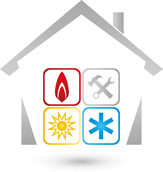 Haus, Sonne, Schnee, Flame, Installateur Logo - Stok Vektor