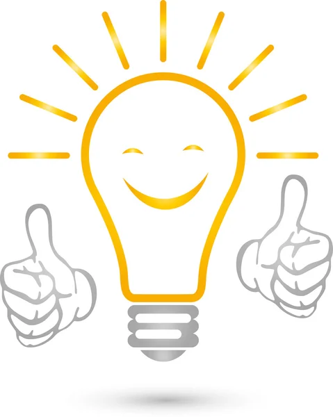 Lâmpada com sorriso, eletricistas, logotipo da ideia, lâmpada com as mãos —  Vetores de Stock