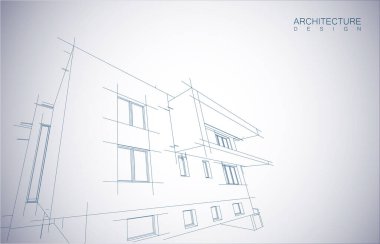 Kablo-çerçeve modu ve gradyan renk arkaplanı binasının mimari tasarımı. Genişletilmiş çizgiler ve çeşitli renklerde basit şekillerin doğrusal formları. Şeffaf yapının düz çizgisi