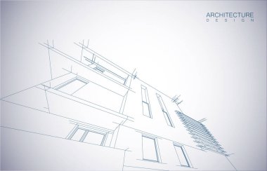 Kablo-çerçeve modu ve gradyan renk arkaplanı binasının mimari tasarımı. Genişletilmiş çizgiler ve çeşitli renklerde basit şekillerin doğrusal formları. Şeffaf yapının düz çizgisi