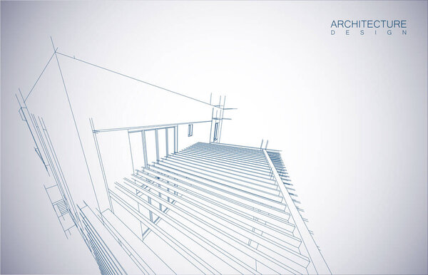 Архитектурное оформление здания в режиме проводки и градиентного цвета фона. Расширенные линии и линейные формы простой формы в различных цветах. Прямая линия прозрачной структуры