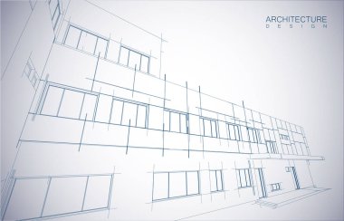 Kablo-çerçeve modu ve gradyan renk arkaplanı binasının mimari tasarımı. Genişletilmiş çizgiler ve çeşitli renklerde basit şekillerin doğrusal formları. Şeffaf yapının düz çizgisi