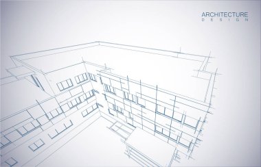 Kablo-çerçeve modu ve gradyan renk arkaplanı binasının mimari tasarımı. Genişletilmiş çizgiler ve çeşitli renklerde basit şekillerin doğrusal formları. Şeffaf yapının düz çizgisi