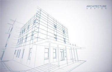 Kablo-çerçeve modu ve gradyan renk arkaplanı binasının mimari tasarımı. Genişletilmiş çizgiler ve çeşitli renklerde basit şekillerin doğrusal formları. Şeffaf yapının düz çizgisi