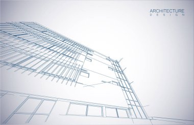 Kablo-çerçeve modu ve gradyan renk arkaplanı binasının mimari tasarımı. Genişletilmiş çizgiler ve çeşitli renklerde basit şekillerin doğrusal formları. Şeffaf yapının düz çizgisi
