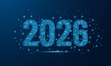 Low Poly 2026, yeni yıl için keskin çokgenler ve canlı gradyanlarla, sembolize ve gelecekçi tasarım eğilimleriyle modern bir geometrik stile sahiptir. Dijital sanat, poster ve afiş vektörü için mükemmel