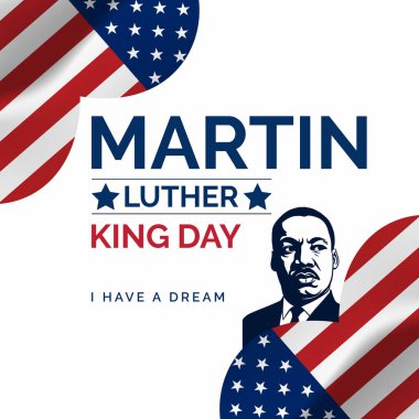 Martin Luther King Jr. 'ı cesur tipografi ve sembolik Amerikan bayrak unsurlarıyla onurlandıran minimum vatanseverlik tasarımı.