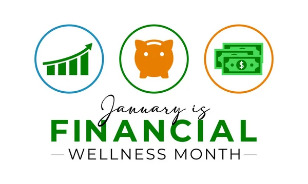 Finansal Sağlık Ayı için yaratıcı vektör tasarımı, akıllı mali kararları desteklemek amacıyla Ocak ayında gözlemlenmiştir. Afiş ve arkaplan tasarım şablonu. Vektör çizimi. domuzcuk banka vektörü.