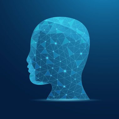 Profilde gelecekçi robot yüzü, noktaların ve bağlantıların geometrik kablo başı, dağınık elementlere ayrılması, düşük polyester yapay zeka teknolojisi konsepti.