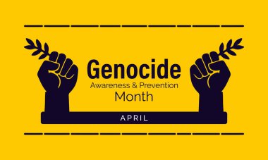 Sembolik mum, küre ve koruyucu ellerle Soykırım Farkındalığı ve Önleme Ayı. Nisan ayı için minimum düz tasarım konsepti. Pankart, kart, baskı, sosyal medya, poster, el ilanı ve arkaplan tasarım şablonu için tasarım.