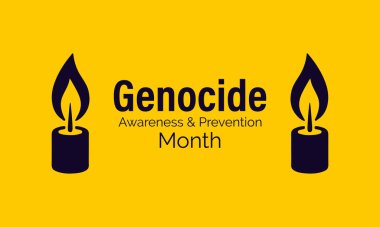 Sembolik mum, küre ve koruyucu ellerle Soykırım Farkındalığı ve Önleme Ayı. Nisan ayı için minimum düz tasarım konsepti. Pankart, kart, baskı, sosyal medya, poster, el ilanı ve arkaplan tasarım şablonu için tasarım.