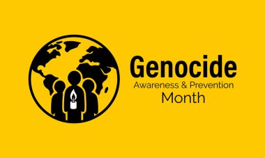 Sembolik mum, küre ve koruyucu ellerle Soykırım Farkındalığı ve Önleme Ayı. Nisan ayı için minimum düz tasarım konsepti. Pankart, kart, baskı, sosyal medya, poster, el ilanı ve arkaplan tasarım şablonu için tasarım.