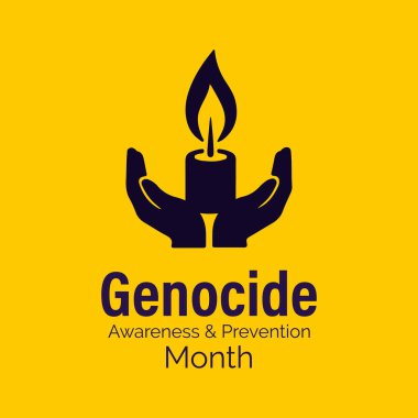 Sembolik mum, küre ve koruyucu ellerle Soykırım Farkındalığı ve Önleme Ayı. Nisan ayı için minimum düz tasarım konsepti. Pankart, kart, baskı, sosyal medya, poster, el ilanı ve arkaplan tasarım şablonu için tasarım.