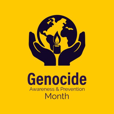 Sembolik mum, küre ve koruyucu ellerle Soykırım Farkındalığı ve Önleme Ayı. Nisan ayı için minimum düz tasarım konsepti. Pankart, kart, baskı, sosyal medya, poster, el ilanı ve arkaplan tasarım şablonu için tasarım.