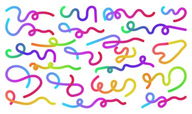 Arka planın vektör illüstrasyonu, yumuşak akış döngüleri ve canlı gradyan vuruşları ile çizilmiş neşeli gökkuşağı çizgileri modern dekoratif kompozisyonlar için tasarlanmış enerjik soyut kurdeleler.