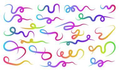 Arka planın vektör illüstrasyonu, yumuşak akış döngüleri ve canlı gradyan vuruşları ile çizilmiş neşeli gökkuşağı çizgileri modern dekoratif kompozisyonlar için tasarlanmış enerjik soyut kurdeleler.