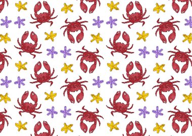 Deniz hayvanlarının kusursuz deseni. Deniz canlıları yengeçleri ve deniz yıldızları. Kumsal dalgaları. Kumaş ve kağıt, tekstil, davetiyeler, kartlar için renkli desenler. El yapımı süsler. Dizinin bir parçası.