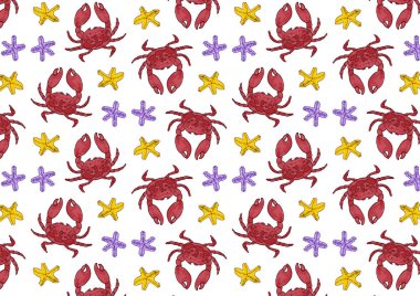 Deniz hayvanlarının kusursuz deseni. Deniz canlıları yengeçleri ve deniz yıldızları. Kumsal dalgaları. Kumaş ve kağıt, tekstil, davetiyeler, kartlar için renkli desenler. El yapımı süsler. Dizinin bir parçası.