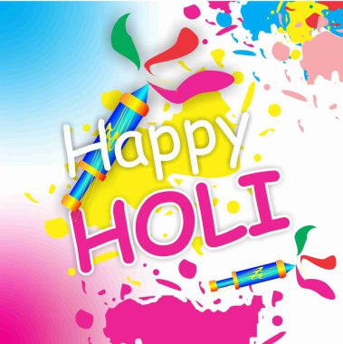 Mutlu Holi cesur tipografi tasarımı dinamik şenlik unsurları ile canlı renk sıçrama arka planı. Modern ve göz alıcı tasarım, kutlama metnini enerji dolu toz efektleriyle vurguluyor, tebrik kartları, posterler, ba
