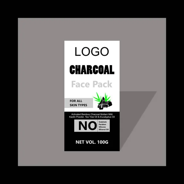 Charcoal face pack cosmetic product label packaging design with modern typography and clean layout. Skincare branding concept suitable for beauty products, cosmetic jars, tubes, and natural skincare packaging.